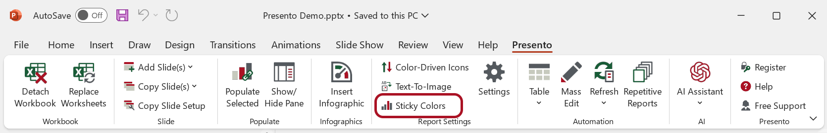 Sticky Colors in the Presento Ribbon Tab